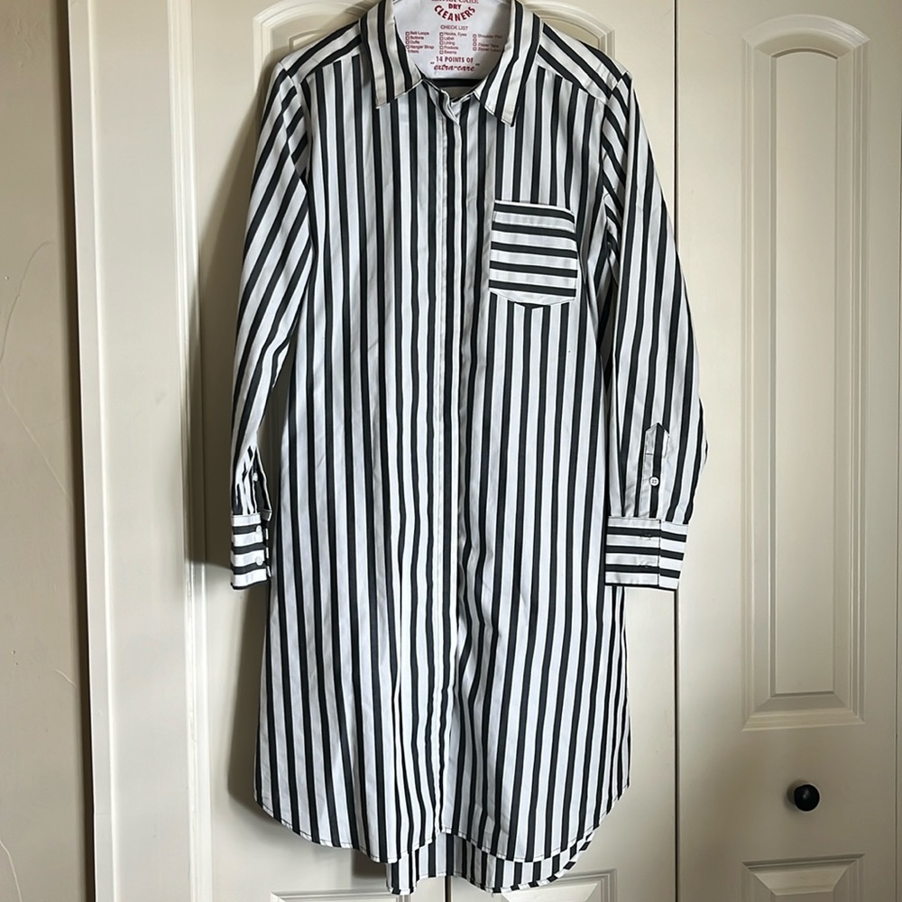 Calvin Klein Black and White Striped Long Sleeve Dress